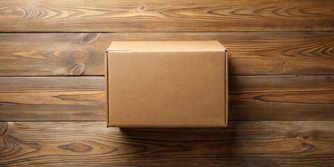 A simple brown cardboard box sits on a rustic wooden surface, ready for shipping or storage