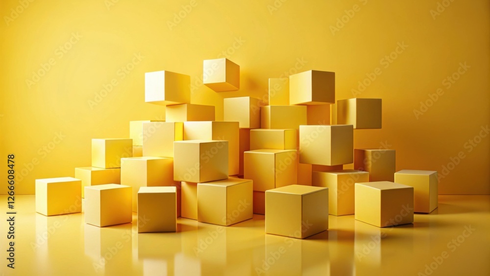 Poster abstract composition of golden cubes arranged on a reflective surface against a yellow background