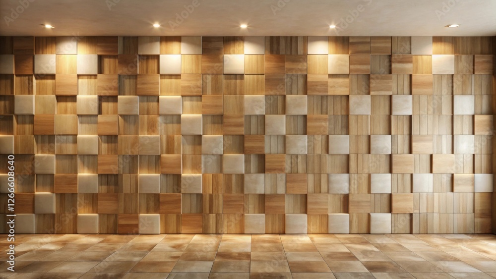 Poster illuminated wooden cube wall paneling in an empty room with tiled floor