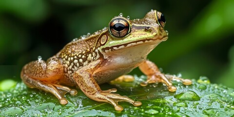 Fototapeta premium Green Frog Sitting on a Dew-Covered Leaf, Generative AI