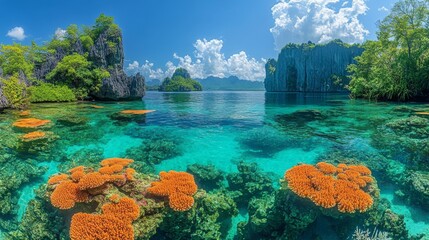Vibrant coral reef in a tropical lagoon with clear turquoise water and dramatic limestone cliffs under a sunny sky.