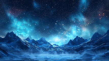 Mountain landscape with lake and starry sky featuring northern lights over icy fjord