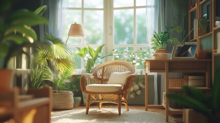 Obraz premium Cozy Room Filled with Natural Light Featuring Wicker Chair and Green Plants