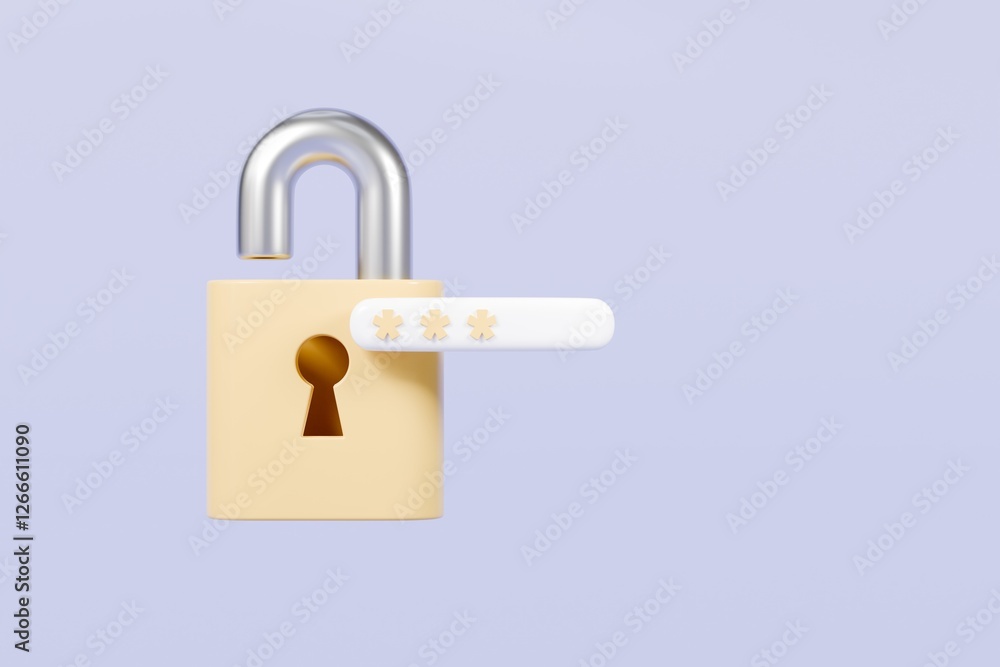Poster 3d yellow padlock with password icon on isolated. data protection, private access icon, password sec