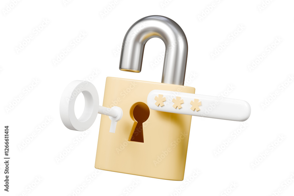 Poster 3d yellow padlock with password and key icon on isolated. data protection, private access icon, pass