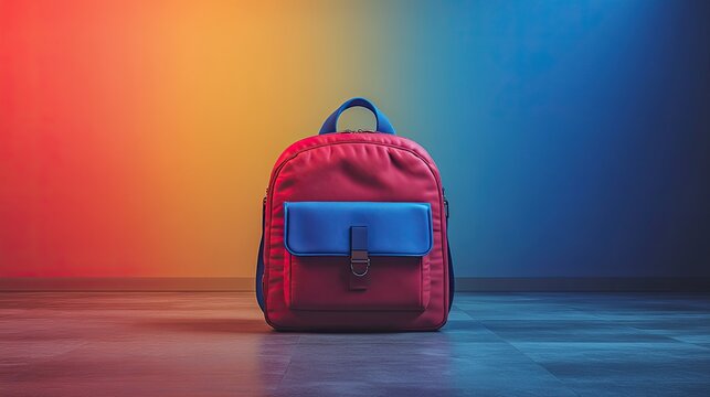 A vibrant, stylized backpack in red and blue with wing-like features on the top; the front showcases a bold design with raised textures resembling armor.