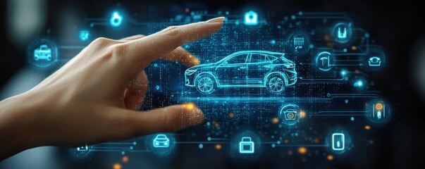 Futuristic touchscreen interface concept with hand selecting car options