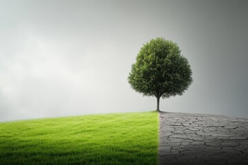 Single tree stands between healthy grass and cracked dry earth