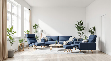 Modern living room with blue furniture and indoor plants, featuring natural light