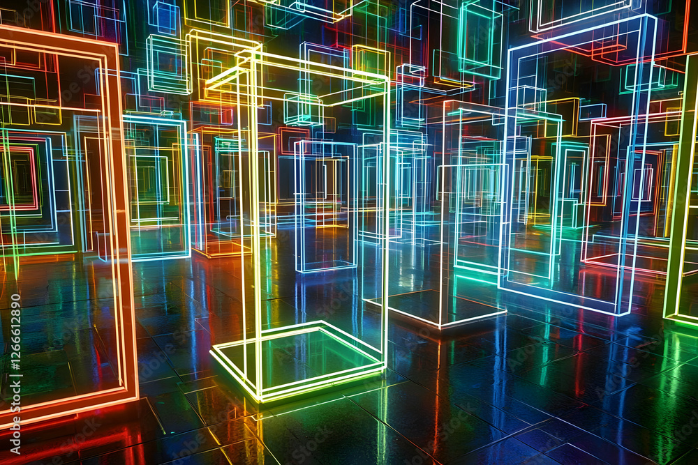 Poster abstract neon glowing boxes in a dark space. potential use stock photo for design or technology back