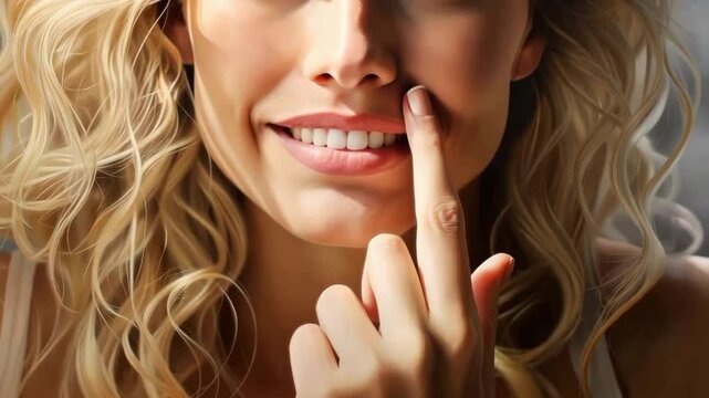 a female blond with clear eyes and smooth skin is putting her finger on her face, generative AI