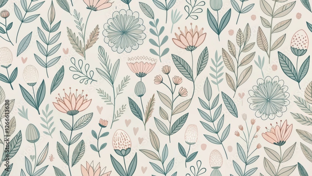 Poster Elegant Botanical Illustration Featuring a Repeating Pattern of Delicate Flowers and Leaves in Soft Hues