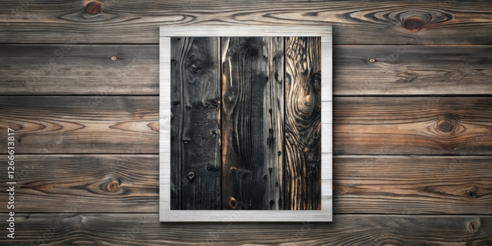 Poster rustic wooden frame on weathered planks background, ideal for vintage design projects or rustic deco