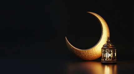 Fototapeta premium golden crescent moon, lantern, place for text, ramadan, background,place for text, ramadan