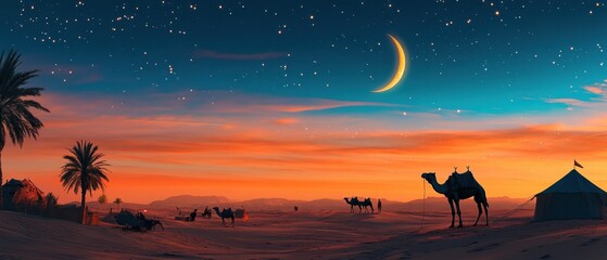 A serene desert landscape at twilight featuring camels resting near tents, with a crescent moon and twinkling stars illuminating the vibrant sunset sky in the background