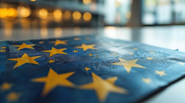 Close-up of a blue flag featuring yellow stars, symbolizing the European Union.