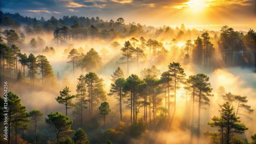 Poster golden sunrise illuminates misty pine forest, creating a serene and magical atmosphere