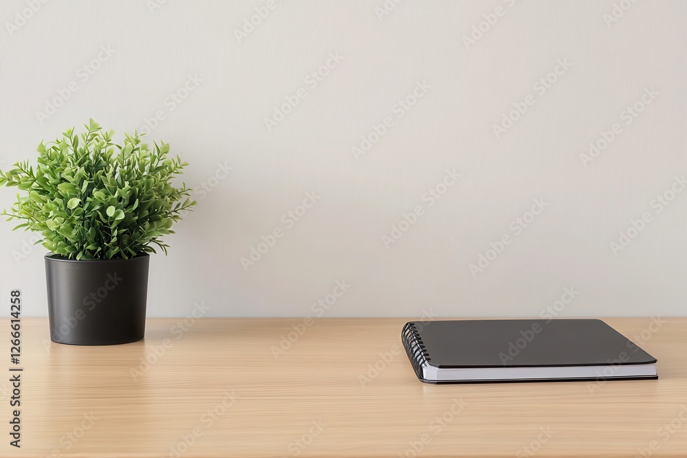 Canvas Prints A close-up of a compact, modern office workspace featuring a wooden desk, a green plant in a pot, and a simple black notebook. 