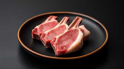 A clean, high-resolution image featuring raw lamb chops on a dark plate, with subtle reflections on the surface, against a solid black backdrop. 