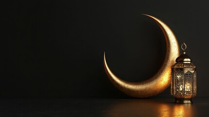 golden crescent moon, lantern, place for text, ramadan, background