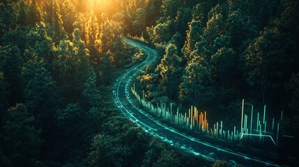 Serene Forest Road with Abstract Data Visualization Overlay