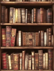 A full-frame view of a bookshelf with neatly lined old books