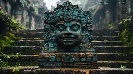 Ancient stone head statue on mossy steps in temple ruins