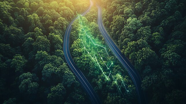 Scenic Aerial View of Curvy Road Through Lush Green Forest Landscape