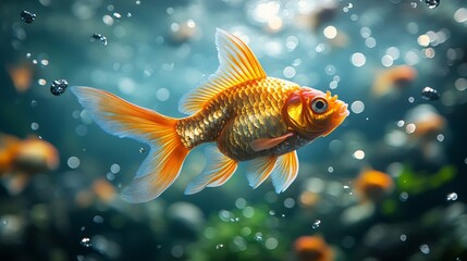 Vibrant goldfish swimming in an aquarium, surrounded by bubbles and other fish.