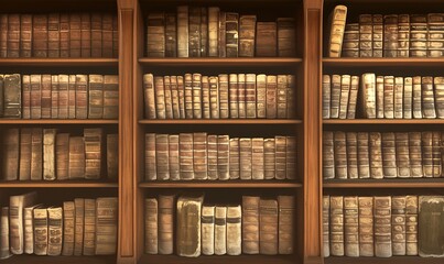 A full-frame view of a bookshelf with neatly lined old books
