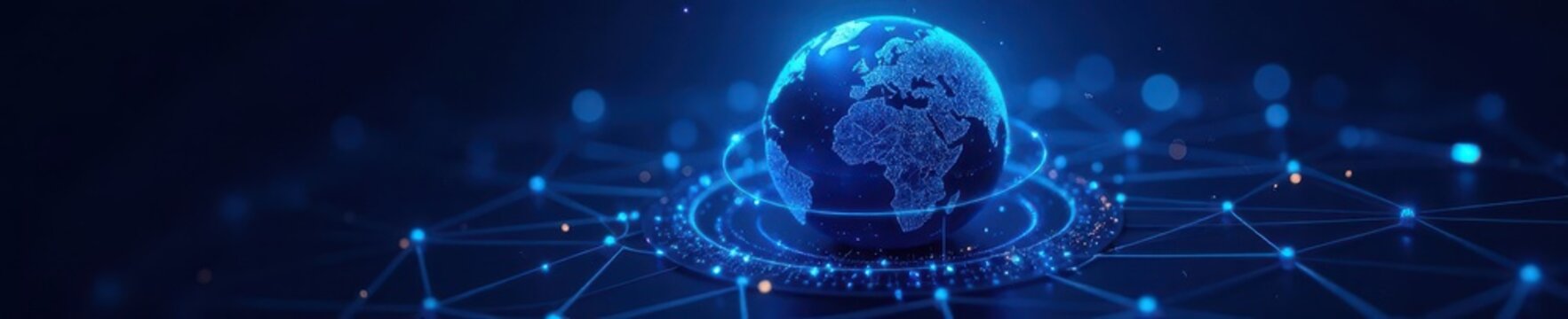 Blue globe encircled by glowing network lines, digital world concept, research, data, system