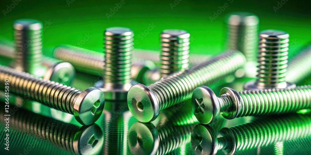 Poster close-up view of metallic fasteners arranged on a reflective surface with a vibrant green backdrop.