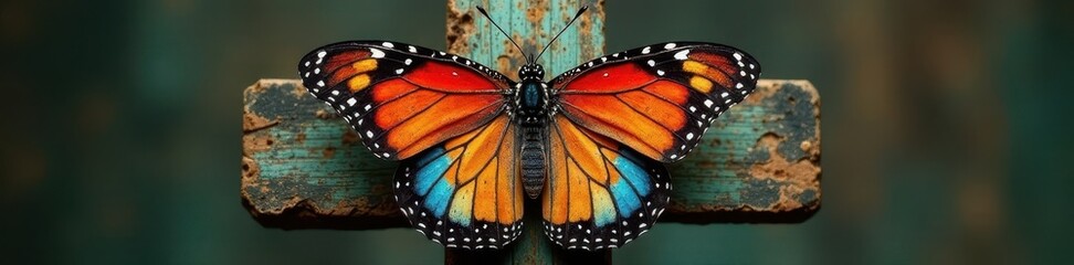 Close-up, butterfly wings against weathered cross, summer, graphic