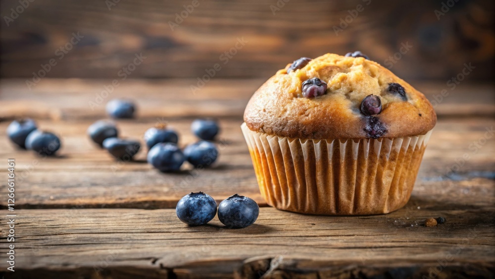Poster a delightful blueberry muffin rests on a rustic wooden surface, accompanied by several fresh blueber