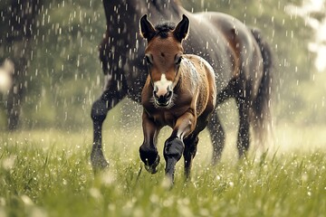 An adventurous view of a foal galloping joyfully through rain-soaked grass, with droplets cascading around him and his mother behind.