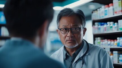A friendly Japanese pharmacist assisting an elderly customer with their medication in a cozy pharmacy corner