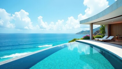 Fototapeta premium Expansive ocean view, infinity pool, modern architecture, seascape, ocean view, cliff
