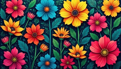 Intricate, colorful floral composition, bold lines, geometric, surface pattern