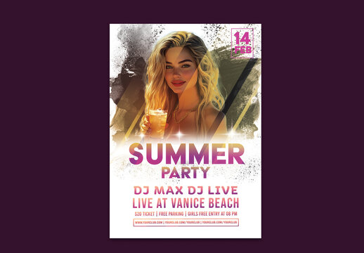 Summer Party Template with Happy Beautiful Blonde Woman Enjoy Cold Drink.