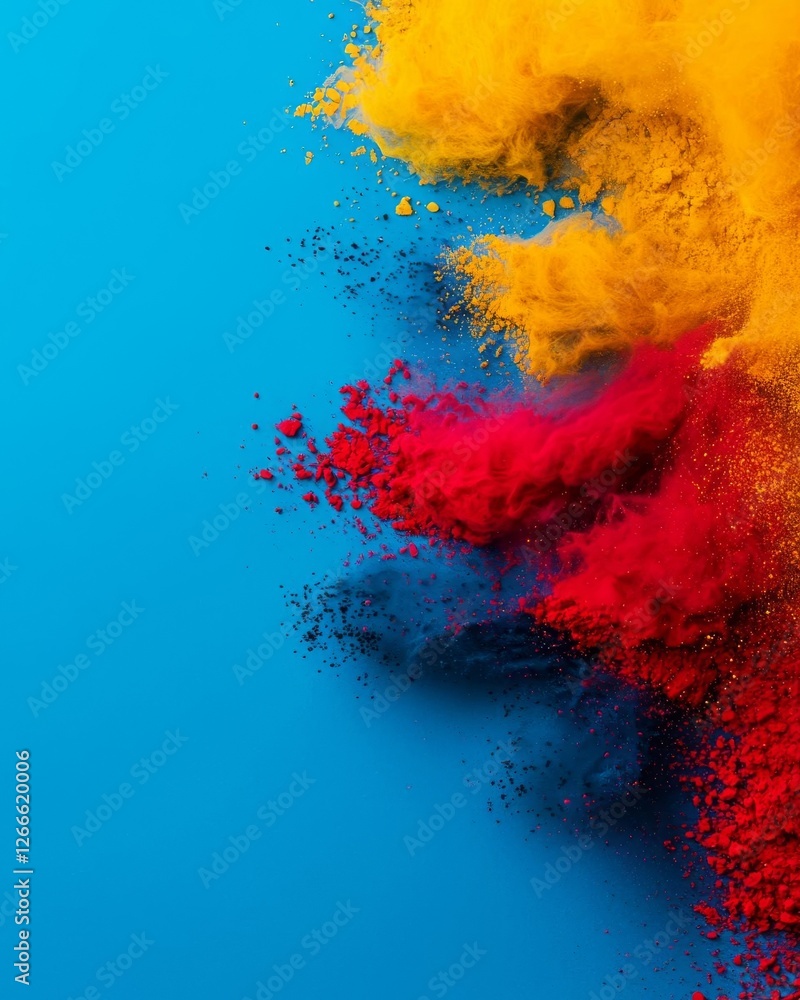 Poster vibrant explosion of colored powder creating a dynamic and artistic visual.