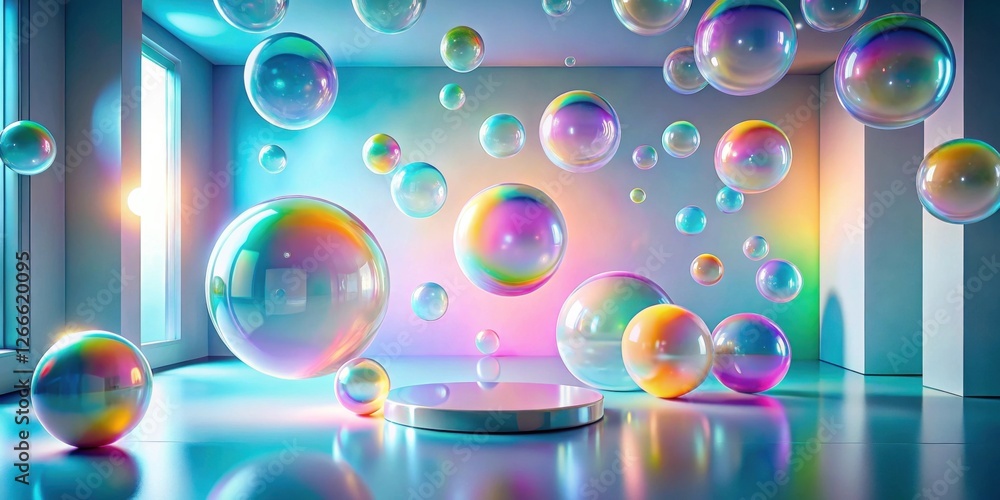 Poster iridescent spheres float in a minimalist room with a reflective floor and a simple platform