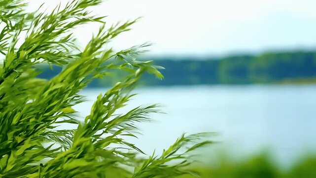 A tranquil vertical video capturing fresh green willow branches gently swaying breeze blurred backdrop peaceful lake ideal nature backgrounds relaxation content environmental visual storytelling