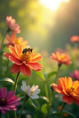 Sunlit izba, colorful flowers, busy bees, springtime , wooden, sunshine, green
