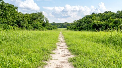 Obraz premium Grassy path, nature trail, summer day, peaceful scene, background trees