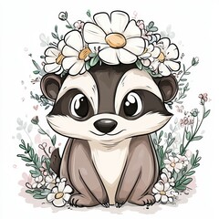 Cute Badger Character With Flower