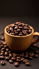 Fototapeta premium Wooden cup overflowing with dark roasted coffee beans , cafe, image, product