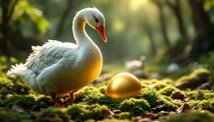 Obraz premium White Swan Gazing at Golden Egg on Mossy Forest Floor