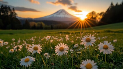 Sunrise over mountain meadow filled with daisies