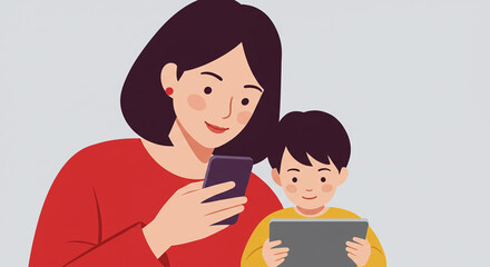 Fototapeta premium 母親はスマホ、子供はタブレットを使い、笑顔で楽しんでいる様子｜デジタル社会｜イラスト素材