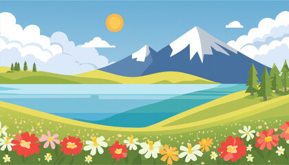 Fototapeta premium Breathtaking blooming flower field on a hill overlooking a tranquil blue lake and majestic mountains in a serene natural landscape